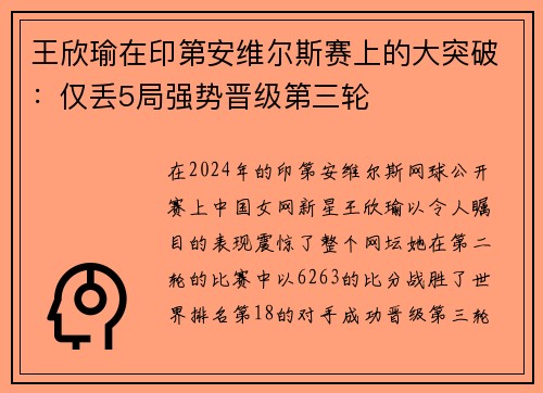 王欣瑜在印第安维尔斯赛上的大突破：仅丢5局强势晋级第三轮