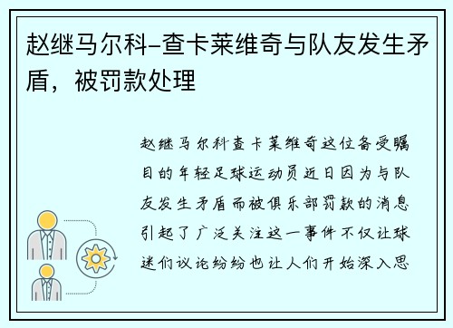 赵继马尔科-查卡莱维奇与队友发生矛盾，被罚款处理